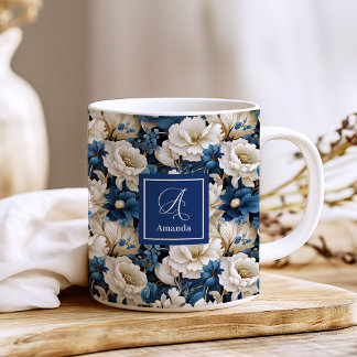 Weelderige Navy Blauwe Bloemen Custom Naam Koffiem Koffiemok