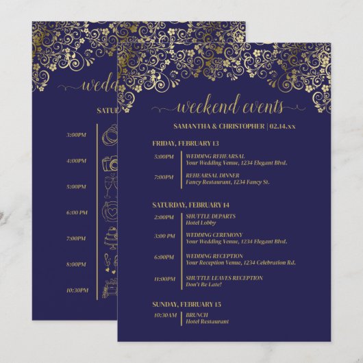 Weelderige Navy Blauwe & Gouden Trouw Evenementen Programmakaart (Voorkant / Achterkant)