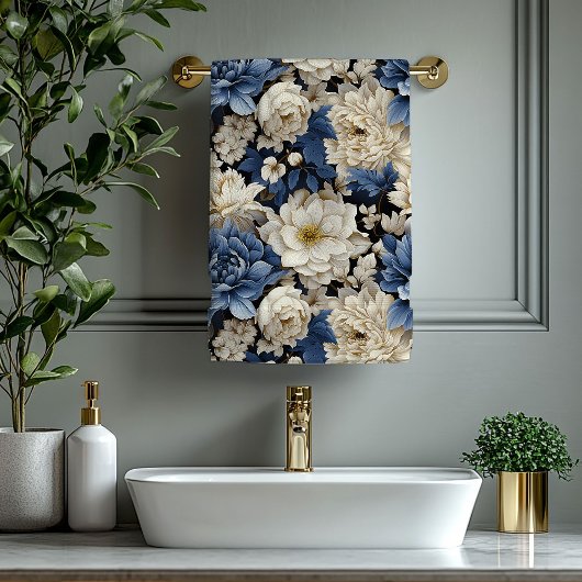 Weelderige Navy Blauwe Ivoor Gouden Bloem Badhandd Bad Handdoek