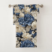 Weelderige Navy Blauwe Ivoor Gouden Bloem Badhandd Bad Handdoek (Insitu)