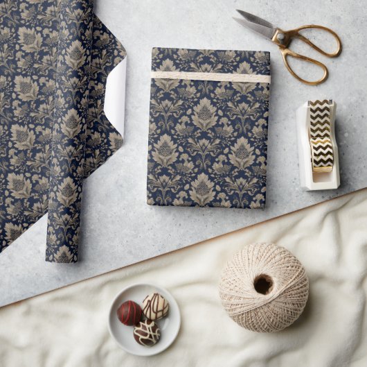 Weelderige Navy Bloemvergulding Cadeaupapier (Crafts)