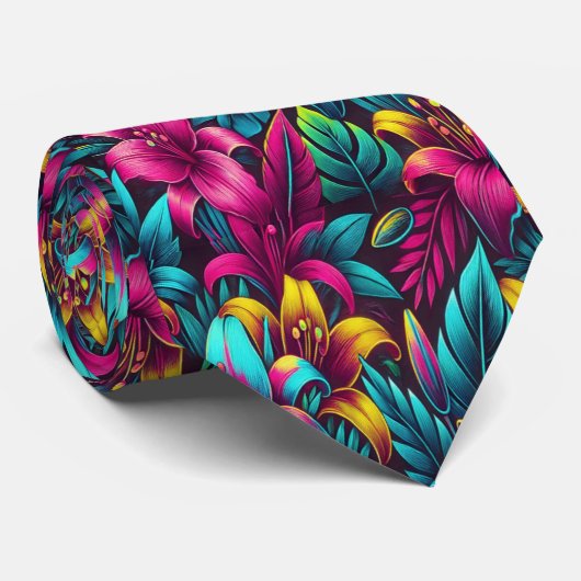 Weelderige Neon Bloemen in Bold Glow Stropdas (Opgerold)