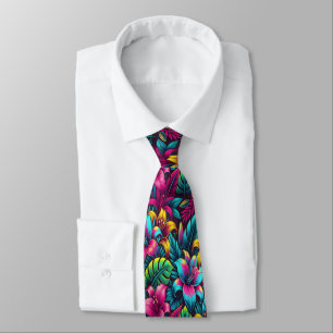 Weelderige Neon Bloemen in Krachtige Gloed Stropdas