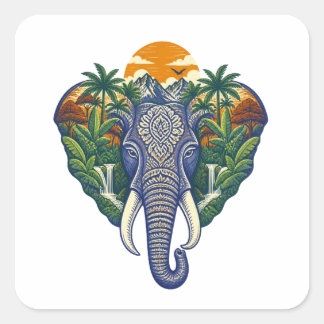 Weelderige Olifant Jungle Kunst – Tropisch Wild Zo Vierkante Sticker