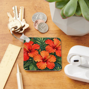 Weelderige Oranje Hibiscus Jungle Bloemen Tropisch Sleutelhanger