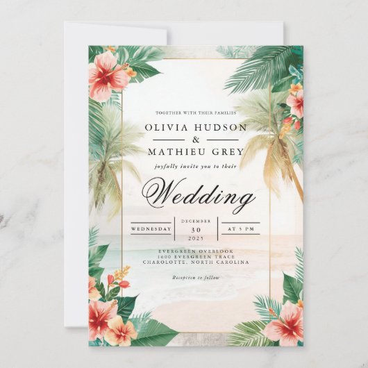 Weelderige Palm Floral Beach bruiloft Kaart (Voorkant)