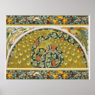 Weelderige pauw druivenrank kunst in William Morri Poster