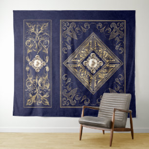 Weelderige Pracht Blauwe en Gouden Gejewelde Blo Wandkleed