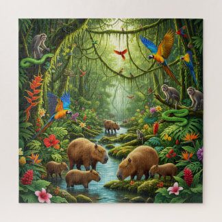 Weelderige regenwoudscène wemelt van de capybaras legpuzzel