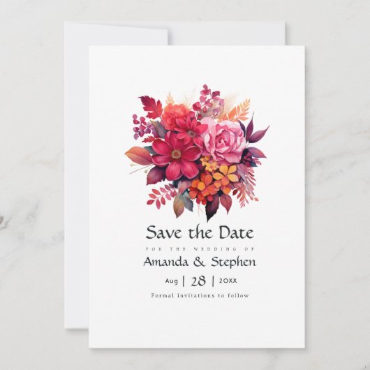 Weelderige Rode Bloemige Bruiloft Save The Date (Voorkant)
