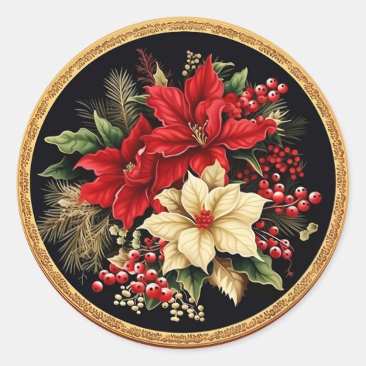 Weelderige rode en groene kerst botanicals ronde sticker (Voorkant)