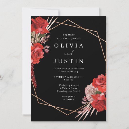 weelderige rode rozen romantische bruiloft kaart (Voorkant)