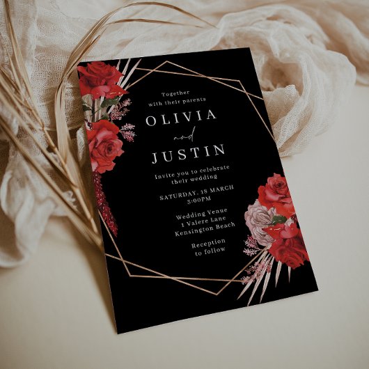 weelderige rode rozen romantische bruiloft kaart