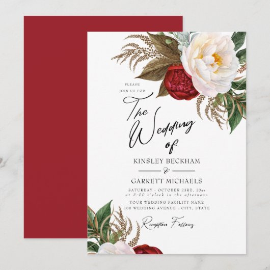 weelderige rood & wit Waterverf pioenrozen bruilof Kaart (Voorkant / Achterkant)