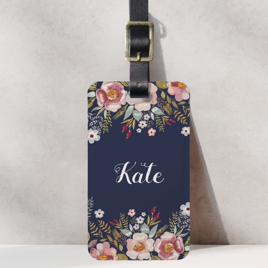 Weelderige Roze Bloemige Navy Blauwe Aangepaste Na Bagagelabel