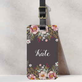 Weelderige Roze Bloemige Taupe Bruine Aangepaste N Bagagelabel