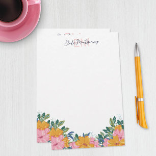 Weelderige Roze Gele Bloemen Naam & Initiaal Briefpapier