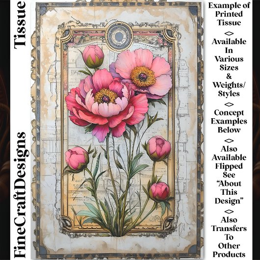 Weelderige roze pioenen op verouderd perkament DA1 Tissuepapier