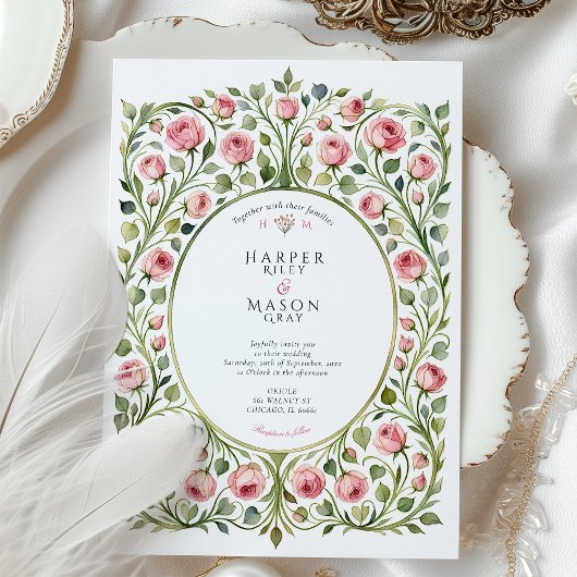 Weelderige Roze Tuin Vintage Wedding Kaart