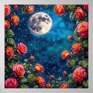 Weelderige rozen die een volle maan omlijsten in e poster