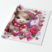 Weelderige Rozen Highland Koe Valentijns Cadeaupapier (Uitgerold)