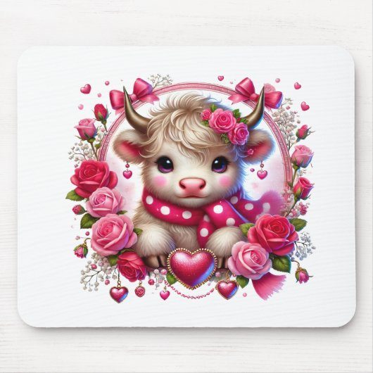 Weelderige Rozen Highland Koe Valentijns Muismat (Voorkant)