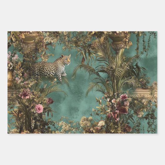 Weelderige  scène Leopard Foliage Levendige bloeme Inpakpapier Vel (Voorkant 2)