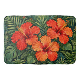 Weelderige Sinaasappel Hibiscus Jungle Bloemen Tro Badmat