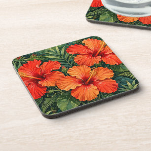 Weelderige Sinaasappel Hibiscus Jungle Bloemen Tro Bier Onderzetter