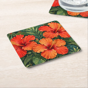 Weelderige Sinaasappel Hibiscus Jungle Bloemen Tro Kartonnen Onderzetters