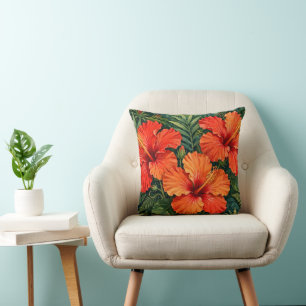 Weelderige Sinaasappel Hibiscus Jungle Bloemen Tro Kussen