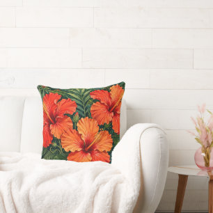 Weelderige Sinaasappel Hibiscus Jungle Bloemen Tro Kussen