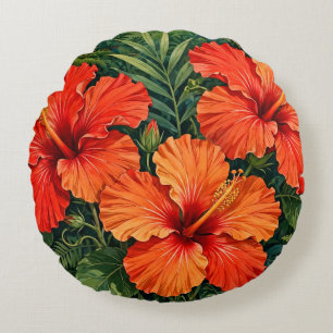 Weelderige Sinaasappel Hibiscus Jungle Bloemen Tro Rond Kussen