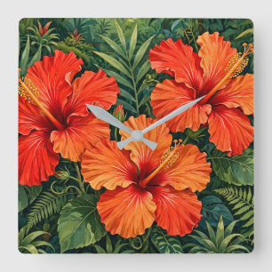 Weelderige Sinaasappel Hibiscus Jungle Bloemen Tro Vierkante Klok