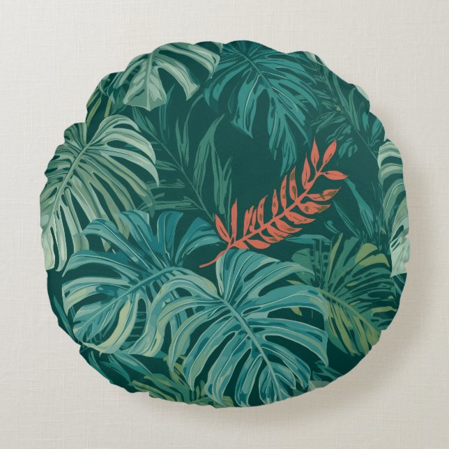 Weelderige Smaragdgroene Jungleprint Rond Kussen (Voorkant)