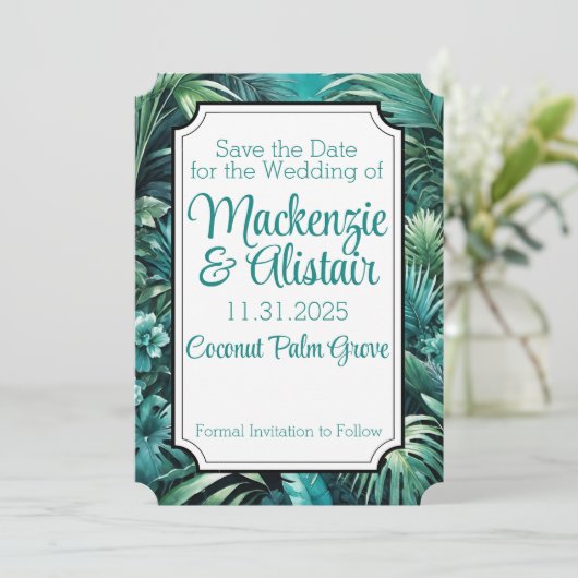 weelderige tropisch Oerwoud groen strand bruiloft Save The Date (Staand voorkant)