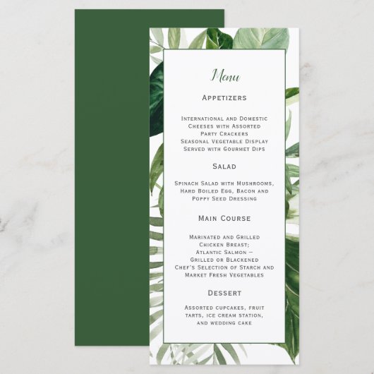 weelderige tropische groen bruiloft menu (Voorkant / Achterkant)