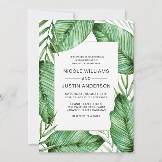 weelderige tropische groen bruiloft uitnodiging (Voorkant)