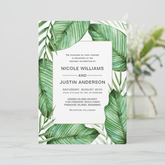 weelderige tropische groen bruiloft uitnodiging (Staand voorkant)