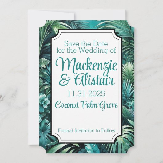 Weelderige Tropische Jungle Groene Strand Bruiloft Save The Date (Voorkant)
