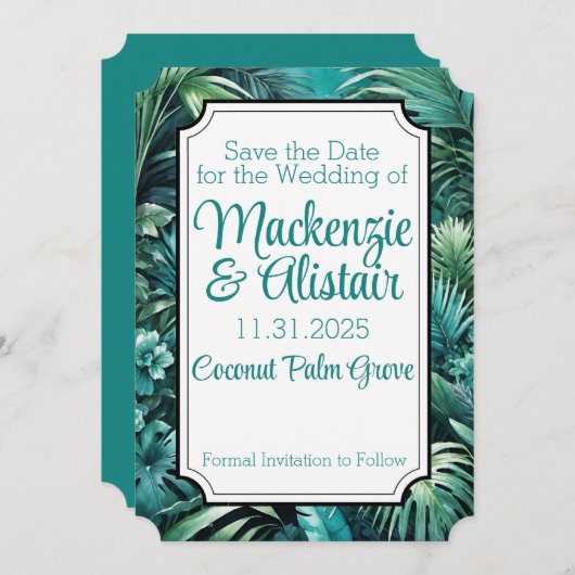 Weelderige Tropische Jungle Groene Strand Bruiloft Save The Date (Voorkant / Achterkant)