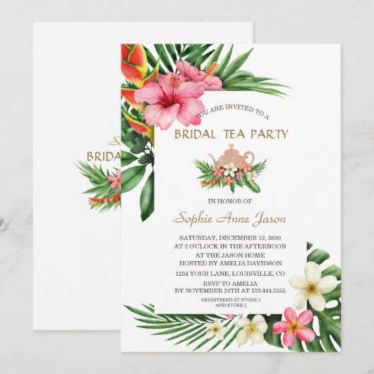 Weelderige tropische tuinvloemen bruids theepartij kaart (Voorkant / Achterkant)