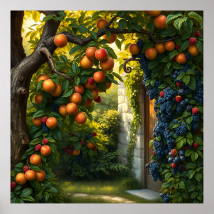 Weelderige tuin scène met rijpe appels en druiven poster