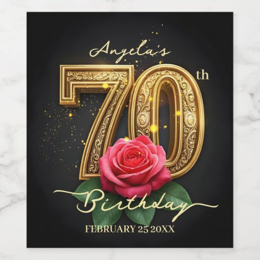 Weelderige Weeldrige Rode Roos Gouden 70e Verjaard Wijn Etiket (Enkel label)