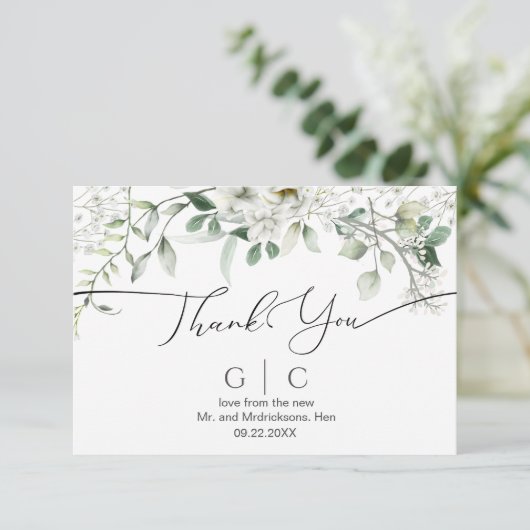 weelderige witte bloemen bruiloft bedankkaart (Staand voorkant)