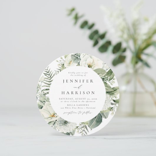 Weelderige witte bloemen en groen cirkel bruiloft kaart (Staand voorkant)