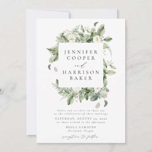 Weelderige witte bloemen en groen Lijst bruiloft Kaart (Voorkant)