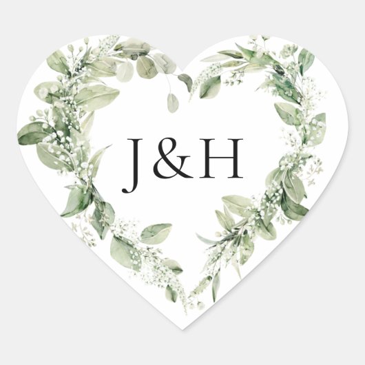 Weelderige witte bloemen en groen monogram bruilof hart sticker (Voorkant)