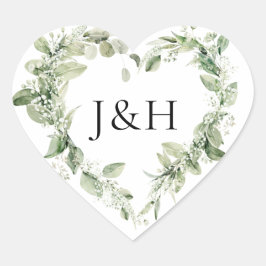 Weelderige Witte Bloemen en Groene Monogram Bruilo Hart Sticker