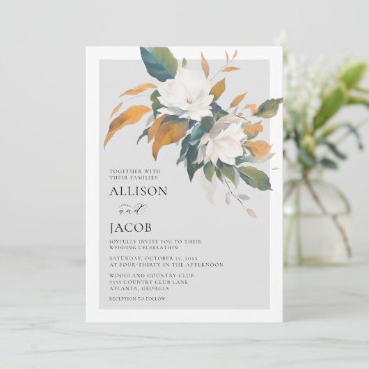 weelderige witte bloemenbruiloft uitnodiging (Staand voorkant)